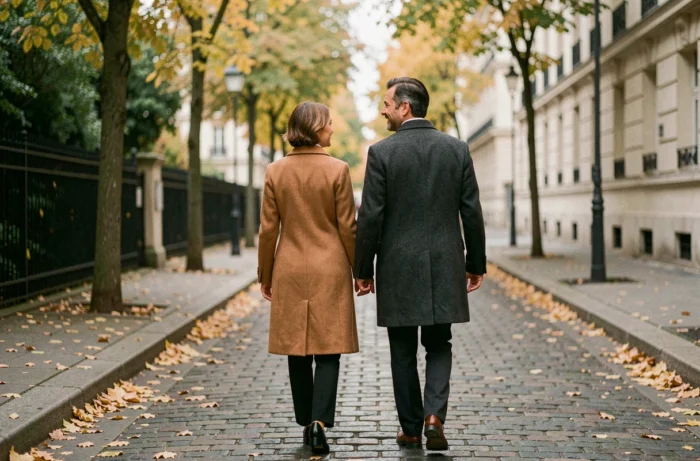 Couple élégant se promenant dans une rue parisienne en automne, photographié de dos pour illustrer la protection de la vie privée
