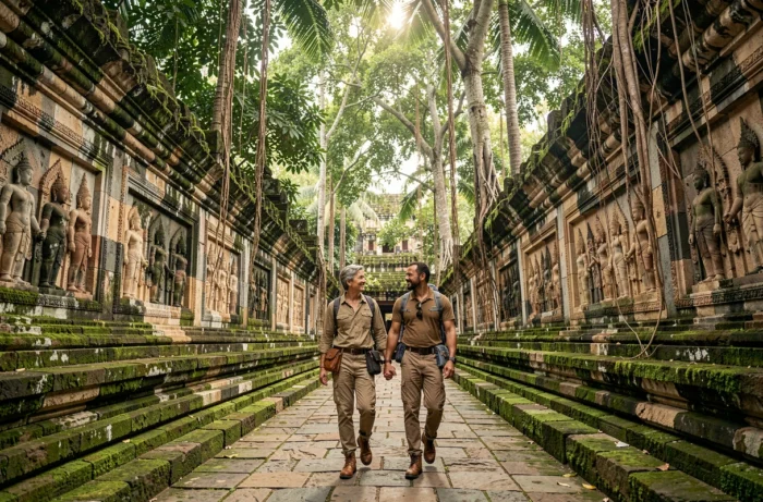 Couple marchant dans un couloir de temple antique en Asie du Sud-Est, entouré de murs en pierre sculptée et de végétation tropicale luxuriante