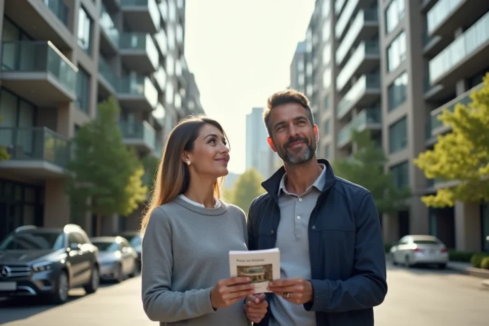 Couple visitant un immeuble résidentiel lors d'une recherche de location immobilière sécurisée