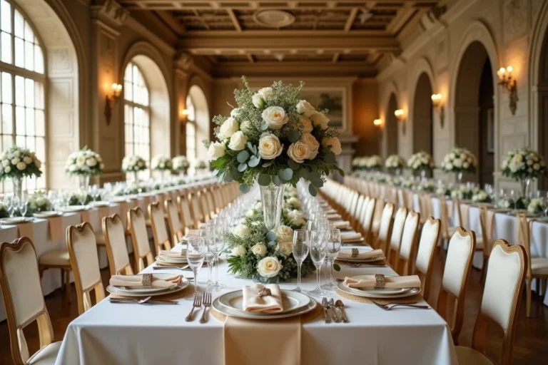Grande salle de réception d'un manoir français décorée pour un mariage élégant avec tables de banquet fleuries et verrerie en cristal