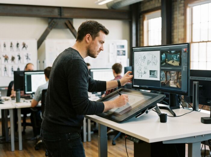 Designer masculin dans un studio professionnel explorant des références de concept art entre animation et jeu vidéo