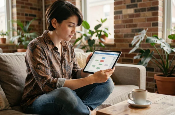 Jeune designer web consultant un outil de plan de site sur tablette dans un studio créatif pour optimiser la navigation d'un site internet
