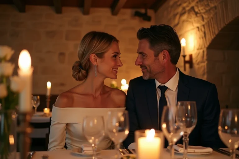 Couple fêtant leurs 25 ans de mariage lors d'un dîner romantique aux chandelles dans un restaurant en pierre avec roses blanches et verres en cristal