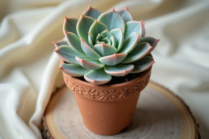 Echeveria en rosette dans un pot en argile gravé de motifs floraux posé sur bois patiné, cadeau de mariage botanique