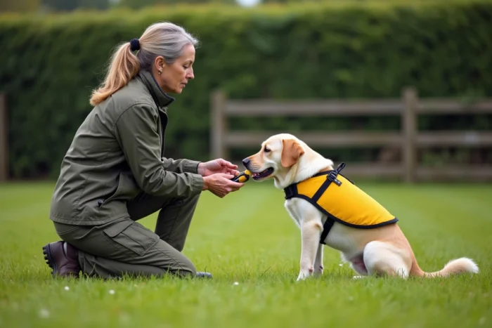 Éducatrice canine récompensant un labrador retriever en gilet jaune lors d'une séance de dressage en extérieur
