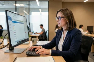 Employée en entreprise utilisant une plateforme d'apprentissage en ligne sur son ordinateur dans un bureau moderne