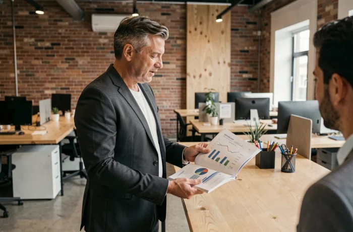 Entrepreneur analysant les tendances business du magazine SLR Marqueting dans un espace de coworking moderne