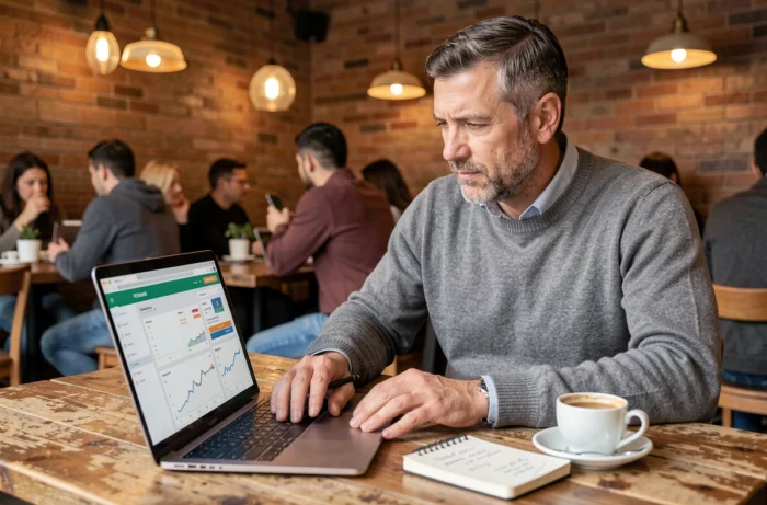 Entrepreneur masculin travaillant seul dans un café sur son plan de financement et de développement d'entreprise en 2024