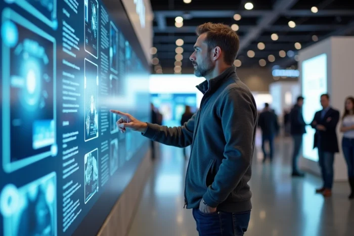 Entrepreneur explorant les tendances technologiques lors d'un salon d'innovation et d'actualités