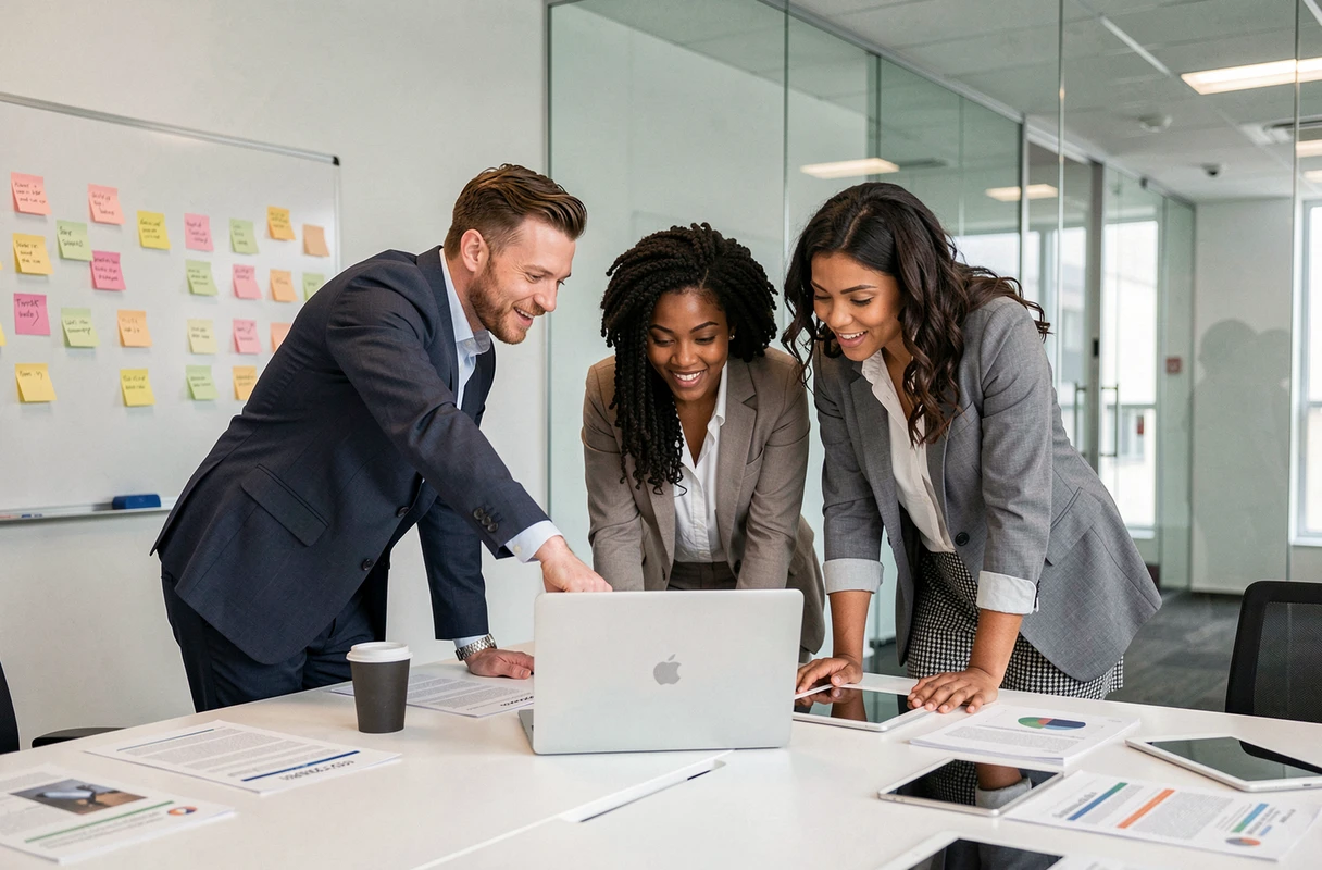 Équipe de professionnels en entreprise qui discutent du choix d'une plateforme de développement des employés lors d'une réunion