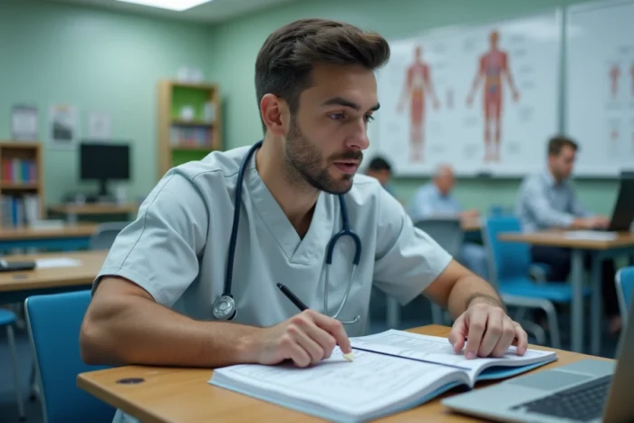 Étudiant aide-soignant révisant le nouveau référentiel de compétences 2026 dans une salle de formation médicale