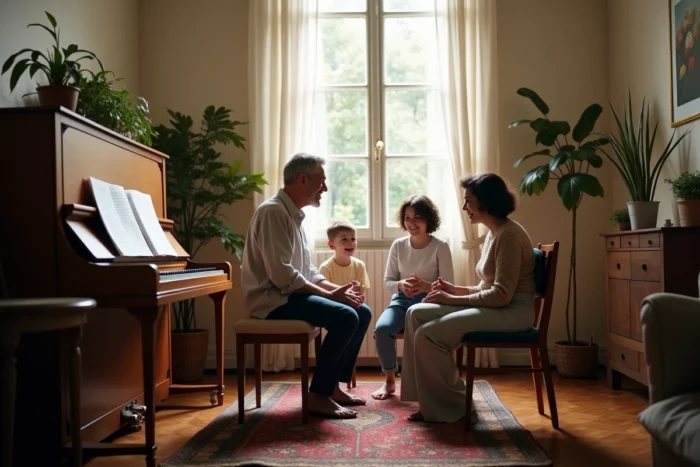 Famille de musiciens réunie autour d'un piano dans un salon, symbolisant la transmission de la passion musicale entre générations