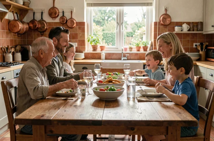 Famille réunie autour d'un repas convivial dans une cuisine chaleureuse, parents et enfants partageant un moment de joie au quotidien