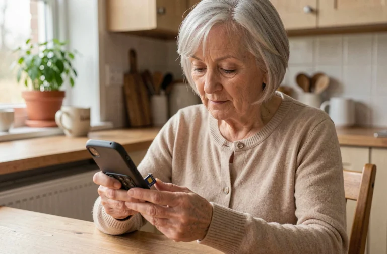 Une femme âgée examine une carte SIM et un téléphone Doro senior à sa table de cuisine