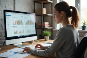 Une professionnelle analysant des données SEO et des graphiques de classement sur un grand écran dans un bureau moderne