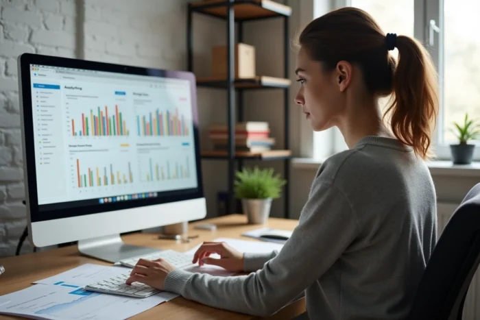 Une professionnelle analysant des données SEO et des graphiques de classement sur un grand écran dans un bureau moderne
