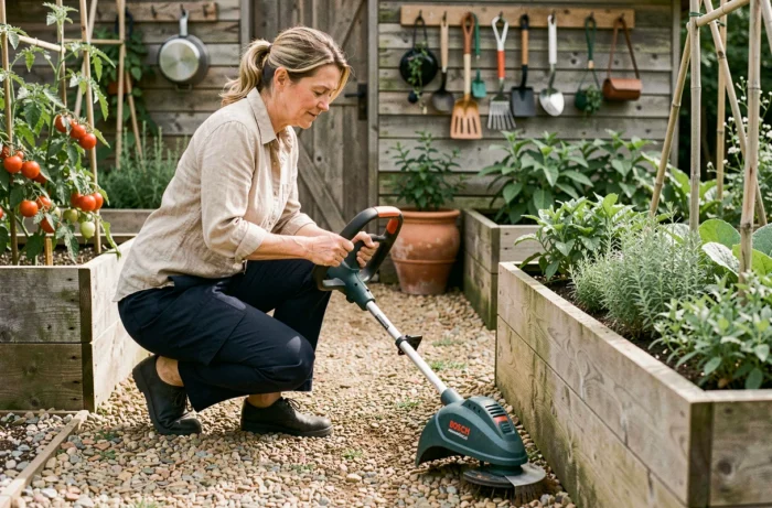 Femme utilisant le Bosch AdvancedGrassCut 36 pour dégager les bords d'un chemin de gravier entre des carrés potagers en bois