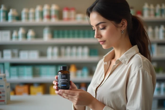 Femme lisant l'étiquette d'un flacon de charbon actif en pharmacie avec une expression attentive