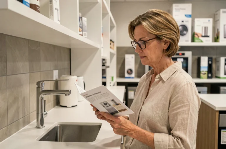 Femme choisissant des équipements modernes pour sa maison dans un showroom de robinetterie contemporaine