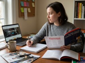 Jeune femme comparant des brochures de cursus en design graphique avant de s'inscrire
