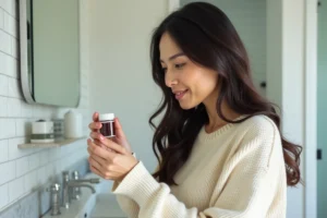 Femme tenant un complément alimentaire Lashilé Good Hair dans une salle de bain moderne, examinant le produit avec attention