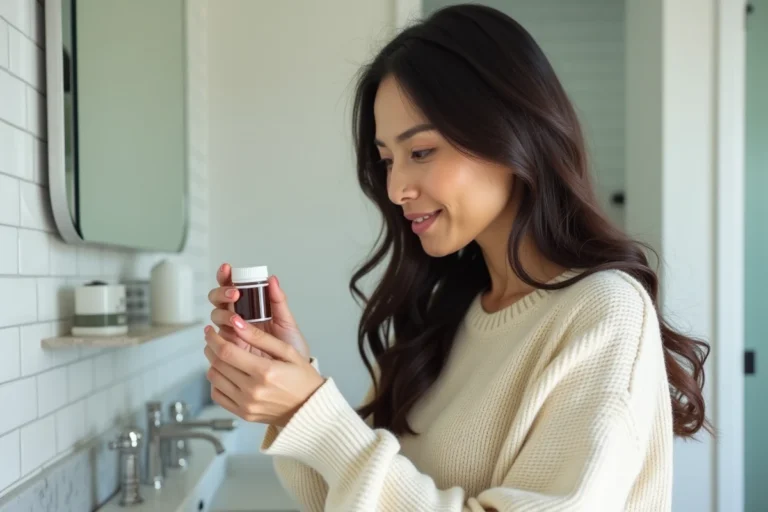 Femme tenant un complément alimentaire Lashilé Good Hair dans une salle de bain moderne, examinant le produit avec attention