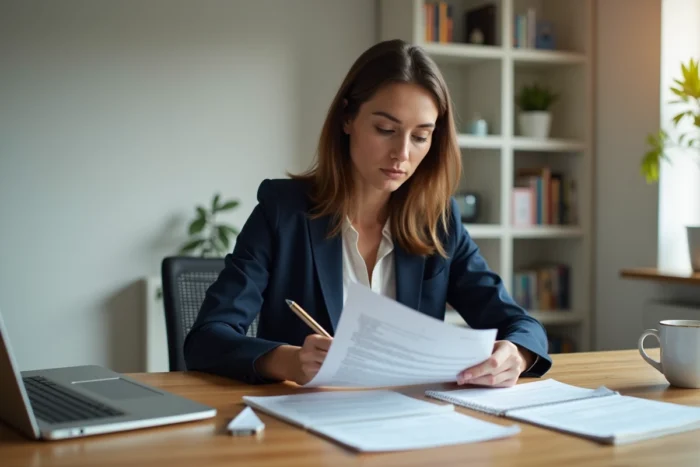 Femme consultant son contrat d'assurance auto pour comprendre la franchise en cas de sinistre