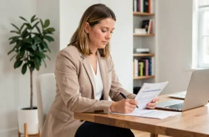 Femme consultant un contrat de location immobilière à son bureau à domicile