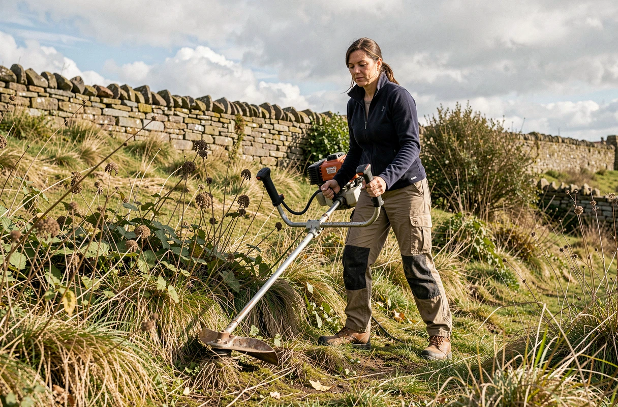 Femme utilisant une débroussailleuse thermique à lame métallique pour défricher une zone envahie de mauvaises herbes en milieu rural
