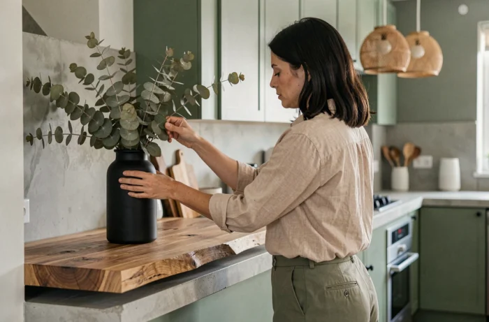 Femme arrangeant des branches d'eucalyptus sur une étagère en chêne dans une cuisine moderne aux tons naturels