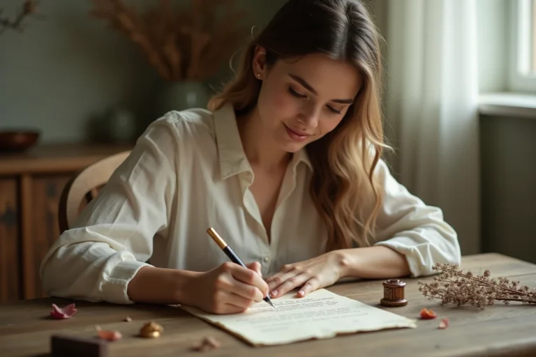 Femme écrivant une lettre personnelle à la mariée avec une plume vintage sur papier ivoire texturé