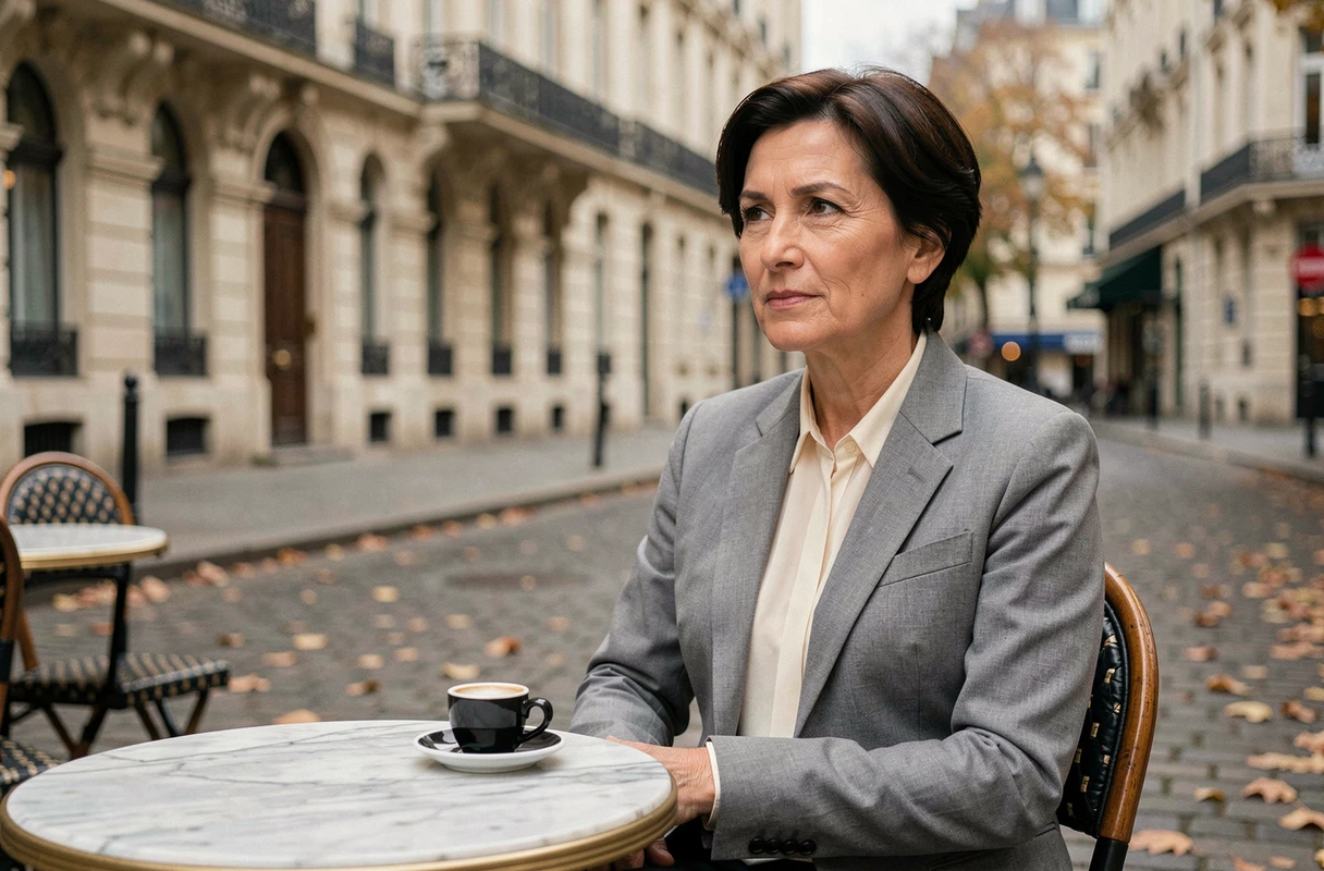 Femme élégante aux cheveux courts assise seule en terrasse parisienne, regard pensif, illustrant la discrétion et la retenue d'un choix de vie personnel