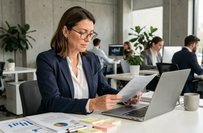 Femme cheffe d'entreprise analysant des documents financiers dans un bureau moderne pour développer sa stratégie de financement en 2024