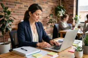 Femme entrepreneure concentrée en train d'analyser son plan d'affaires dans un espace de coworking moderne