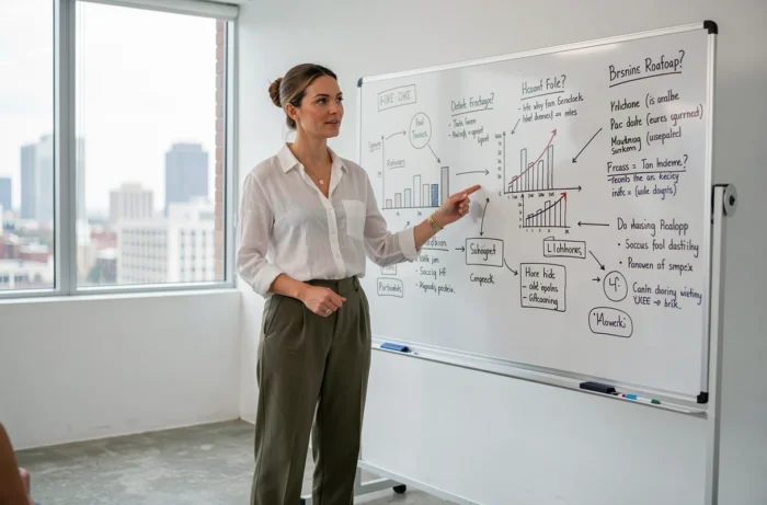 Femme entrepreneure présentant sa feuille de route commerciale devant un tableau blanc dans un bureau minimaliste