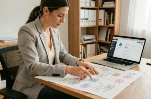 Femme professionnelle étudiant un plan du site imprimé sur un bureau en bois, naviguant visuellement une structure hiérarchique de site web
