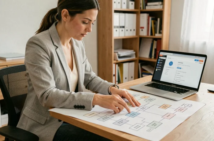 Femme professionnelle étudiant un plan du site imprimé sur un bureau en bois, naviguant visuellement une structure hiérarchique de site web