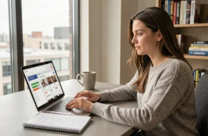Femme professionnelle suivant une formation en ligne depuis son bureau à domicile avec un cahier de notes et un ordinateur portable