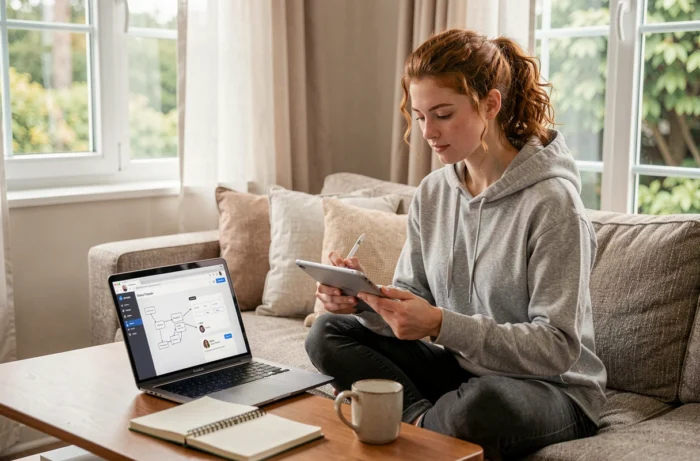 Jeune femme freelance créant des maquettes UX sur une tablette depuis son salon, symbolisant les nouvelles opportunités de carrière en ligne et le travail indépendant