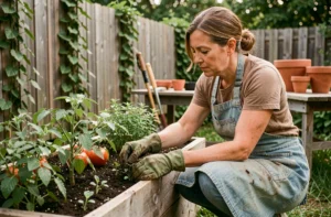 Femme jardinant dans un potager surélevé en bois, plantant des semis de tomates dans une terre riche, avec des pots en terre cuite et des outils de jardinage autour d'elle