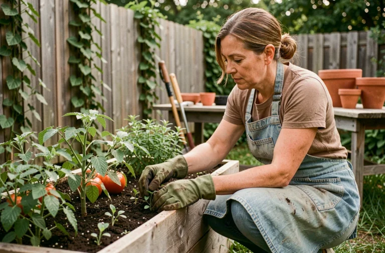 Femme jardinant dans un potager surélevé en bois, plantant des semis de tomates dans une terre riche, avec des pots en terre cuite et des outils de jardinage autour d'elle