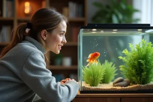 Femme observant son poisson rouge dans un aquarium en verre, regardant attentivement si le poisson la reconnaît