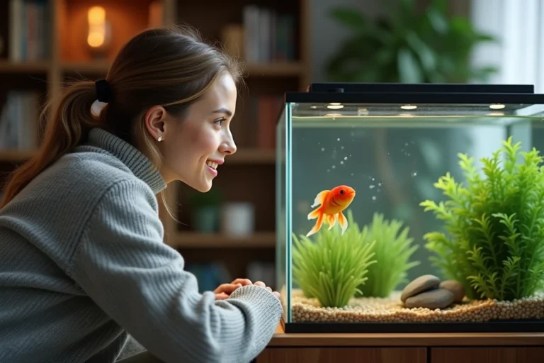 Femme observant son poisson rouge dans un aquarium en verre, regardant attentivement si le poisson la reconnaît
