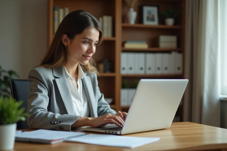 Femme connectée à la plateforme IGPDÉ sur son ordinateur portable dans un bureau à domicile pour préparer un concours de la fonction publique