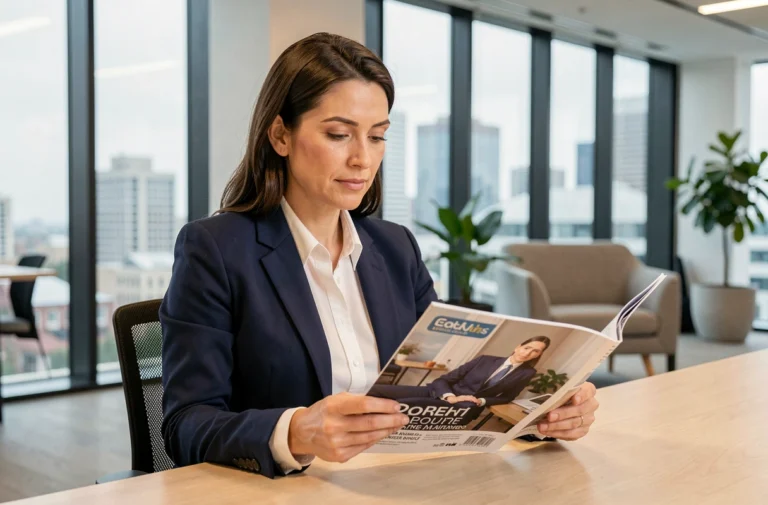 Femme professionnelle consultant le magazine SLR de Marqueting dans un bureau moderne pour anticiper les tendances business