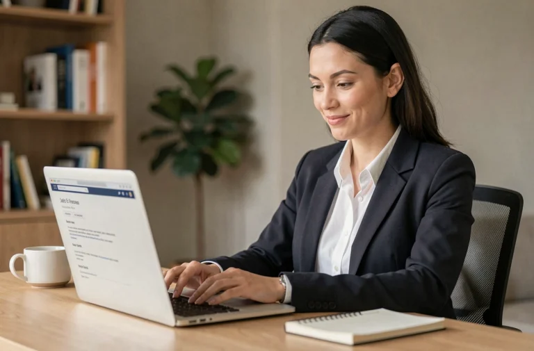 Femme professionnelle consultant des offres d'emploi en ligne sur son ordinateur portable dans un bureau à domicile moderne