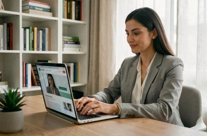 Femme consultant des offres d'emploi en ligne sur un ordinateur portable dans un bureau à domicile moderne