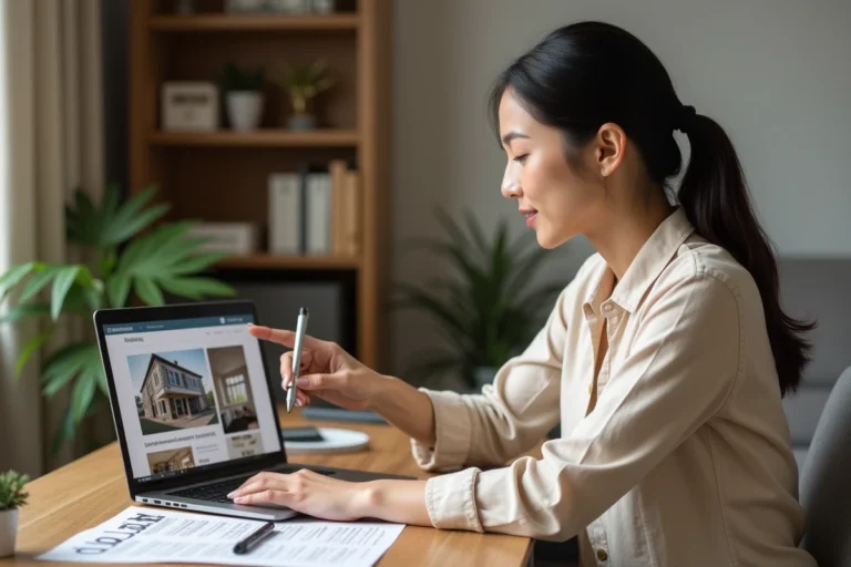 Femme consultant des annonces immobilières en ligne sur un ordinateur portable pour trouver une location idéale