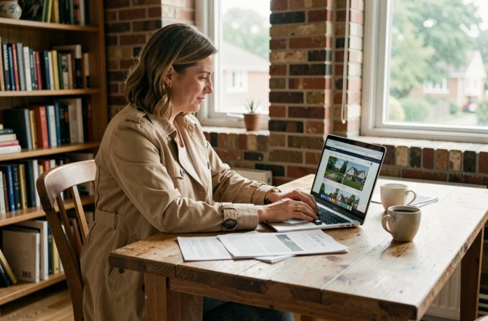 Femme recherchant un terrain à donner gratuitement sur internet depuis son domicile