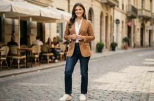 Femme élégante portant un blazer camel et un jean droit dans une rue pavée européenne, tendances mode 2024